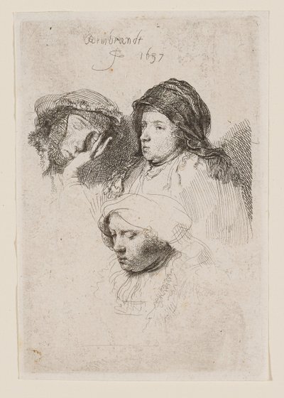 Három női fej, az egyik alszik alkotó: Rembrandt van Rijn