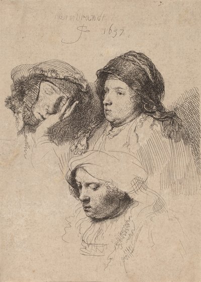 Három nőfej, egy alszik, 1637. alkotó: Rembrandt van Rijn