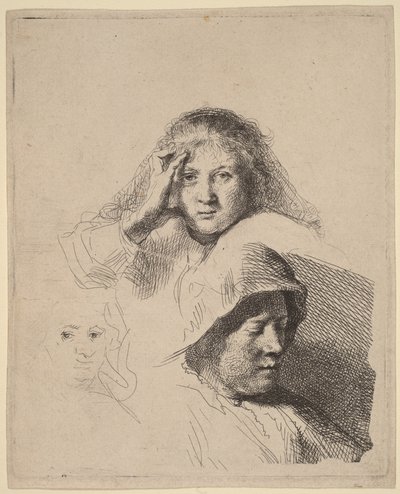 Három női fej, az egyik enyhén metszett alkotó: Rembrandt van Rijn