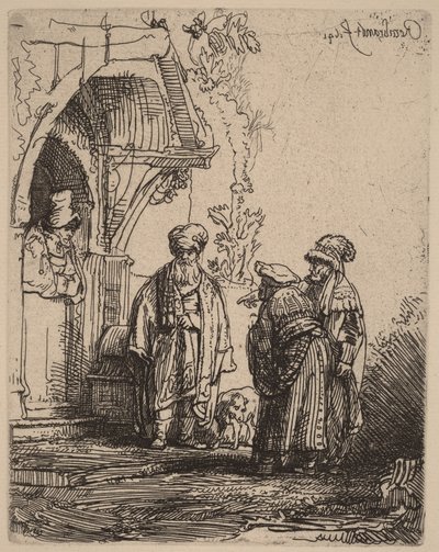 Három keleti alak (Jákób és Lábán) alkotó: Rembrandt van Rijn
