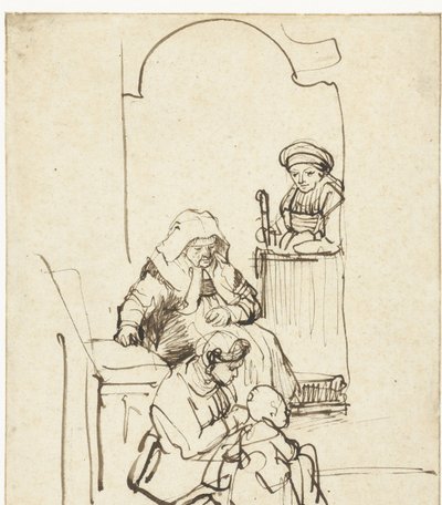 Három nő és egy gyerek egy ajtónál alkotó: Rembrandt van Rijn