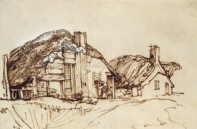 Két nádfedeles házikó figurákkal az ablaknál alkotó: Rembrandt van Rijn