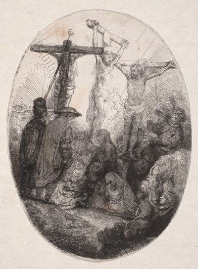 Keresztre feszítés két tolvaj között (ovális tábla) alkotó: Rembrandt van Rijn