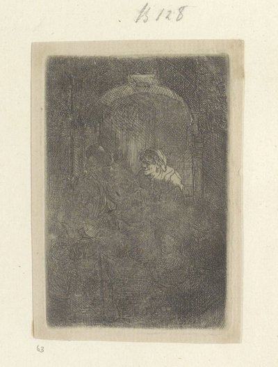 Nő az ajtóban, egy gyerekes férfival beszélget Recueil de quatre-vingt-cinq estampes originales (sorozat címe) alkotó: Rembrandt van Rijn