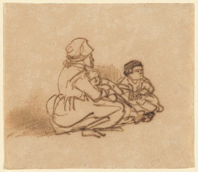 Nő ül a földön két gyerekkel alkotó: Rembrandt van Rijn