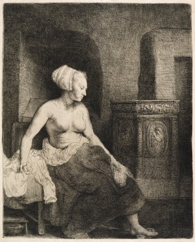 Nő félig felöltözve ül a tűzhely mellett, 1658 alkotó: Rembrandt van Rijn