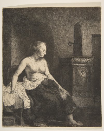 A tűzhely mellett félig öltözött nő ül, 1658. alkotó: Rembrandt van Rijn