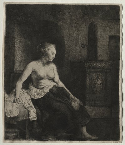 Nő félig felöltözve ül a tűzhely mellett alkotó: Rembrandt van Rijn
