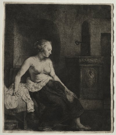 Nő félig felöltözve ül a tűzhely mellett, 1658. alkotó: Rembrandt van Rijn