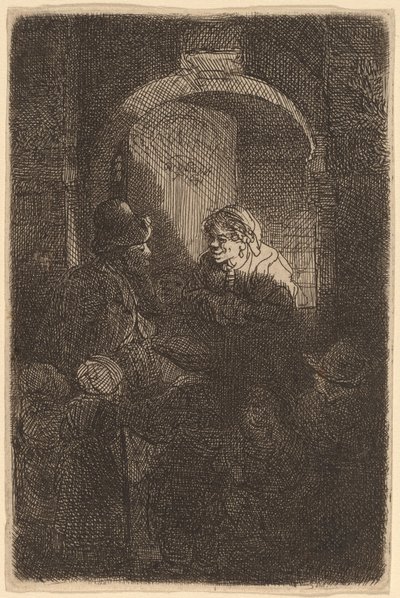 Nő az ajtóban, és egy férfival és gyerekekkel beszélget (az iskolamester) alkotó: Rembrandt van Rijn