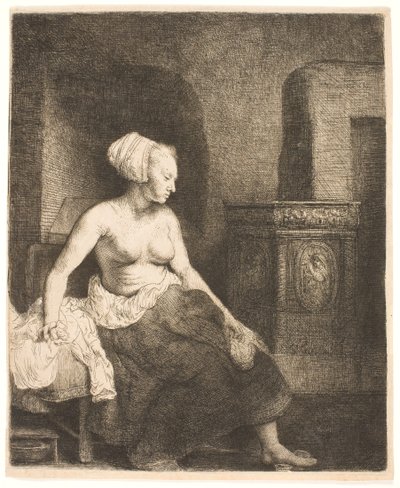 Nő félig felöltözve ül a tűzhely mellett alkotó: Rembrandt van Rijn