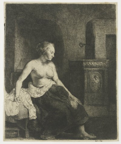 Nő félig felöltözve ül a tűzhely mellett alkotó: Rembrandt van Rijn
