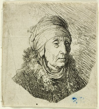 Nő magas fejdísszel az álla köré csavarva: mell alkotó: Rembrandt van Rijn