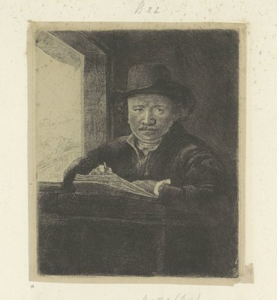 Önarckép, rajz az ablakon Recueil de quatre-vingt-cinq estampes originales (sorozat címe) alkotó: Rembrandt van Rijn