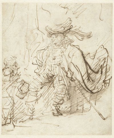 Ülő színész a Capitano szerepében alkotó: Rembrandt van Rijn