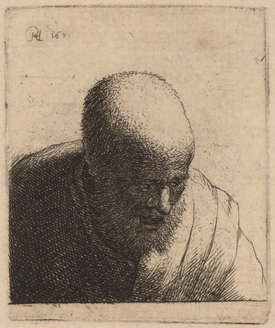 Kopasz férfi tátott szájjal, lefelé nézve alkotó: Rembrandt van Rijn and Studio of Rembrandt