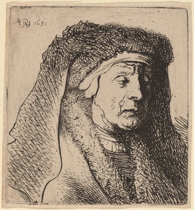 Egy bundás köpenyben és nehéz fejdíszes öregasszony mellszobra alkotó: Rembrandt van Rijn and Studio of Rembrandt