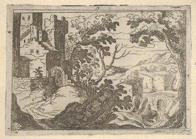 Táj épületekkel balra, alul jobbra egy híddal, kb. 1620-50. alkotó: Remigio Cantagallina