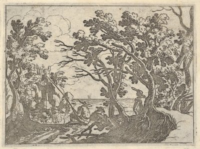 Táj szárazföldi halász és férfi bámészkodó a fák alatt, egy férfi csónakorrban..., kb. 1620-50. alkotó: Remigio Cantagallina