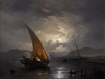 Éjszakai táj vitorlással, ahol tüzet gyújtanak, 1860 után (olaj, vászon) alkotó: Remigius van Haanen