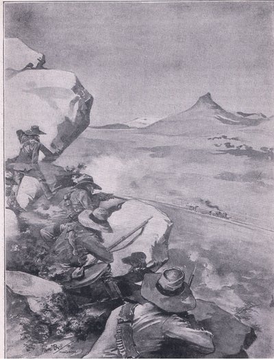 Búrok lövöldöznek French tábornok vonatára (litho) alkotó: René Bull