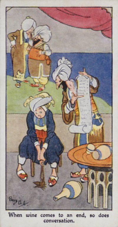 Keleti közmondás: Amikor a bor véget ér, a beszélgetés is véget ér (színes litho) alkotó: René Bull