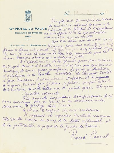 "A Bar du Chateau ülésének teljes dossziéja" levele alkotó: René Crevel