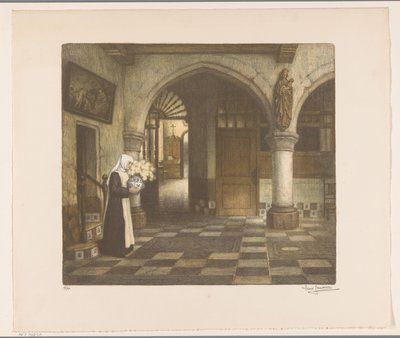 Apáca egy kolostor termében virágvázával alkotó: René Janssens (signed by artist)