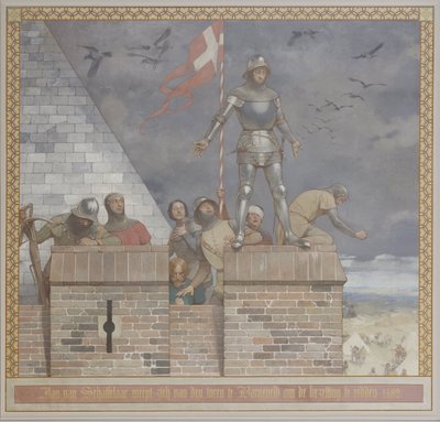 Georg Sturm festménye Jan van Schaffelaar képe a barneveldi toronyból veti le magát, hogy megmentse a megszállást, a Voorhal déli falára. alkotó: René den Engelsman