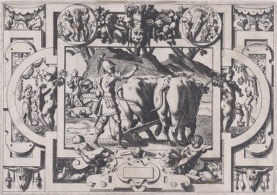 Jason veti a sárkány fogait Jason megszelídíti és megbilincseli és felszántja a f..., 1563. alkotó: Rene Boyvin