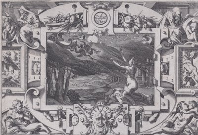 Sárkányok rajzolták Médeát és szekerét, kócosan és meztelenül egy sötét éjszakán, egy elhagyatott helyen..., 1563. alkotó: Rene Boyvin