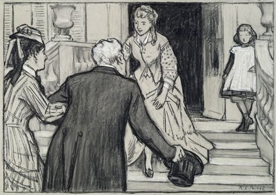 A látogatás, Rene Boylesve La Jeune Fille Bien Elevee illusztrációja (fekete-fehér kréták papíron) alkotó: René François Xavier Prinet