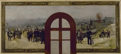 A párizsi városháza prefektusi hivatalának vázlata: Az "Armand Barbès" léghajó indulása, a Nemzeti Gárda utasítása. alkotó: Rene Joseph Gilbert
