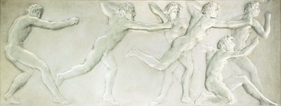 Öntött üveg figurális tábla, amely hat meztelen férfi atlétát ábrázol, alkotó: Rene Jules Lalique