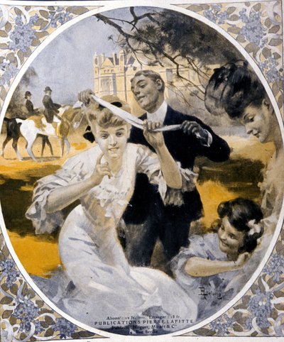 Kerti játékok: hekkhálós játék készítése, század eleje. Illusztráció: Rene Lelong (1871-1933) alkotó: Rene Lelong