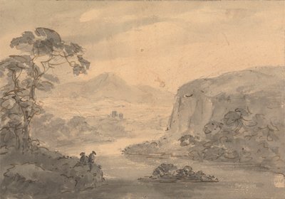 Hegyvidéki táj két alakkal, kilátással a tóra alkotó: Rev. William Gilpin
