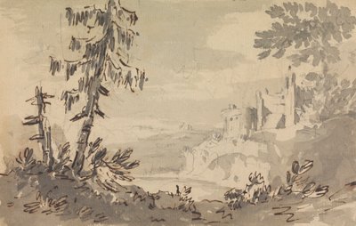 Fenyőfák és a vár a tájon alkotó: Rev. William Gilpin