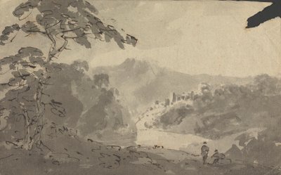Két férfi a kastély, a folyó és a hegyi tájba néz alkotó: Rev. William Gilpin