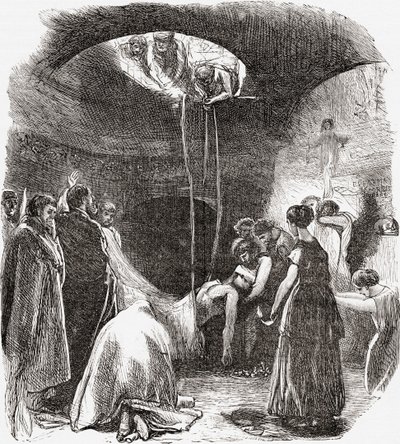 Egy kora keresztény temetés a római katakombákban, Olaszországban. Samuel Manning tiszteletes 1890 körül megjelent Olasz képek című művéből. alkotó: Reverend Samuel Manning