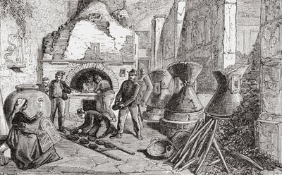 Péksütő, kenyér- és lisztkészítő malom, amelyet az olaszországi Nápolyban, Pompeji ásatásai során fedeztek fel a 19. század végén. A Samuel Manning tiszteletes által 1890 körül kiadott Italian Pictures című műből. alkotó: Reverend Samuel Manning