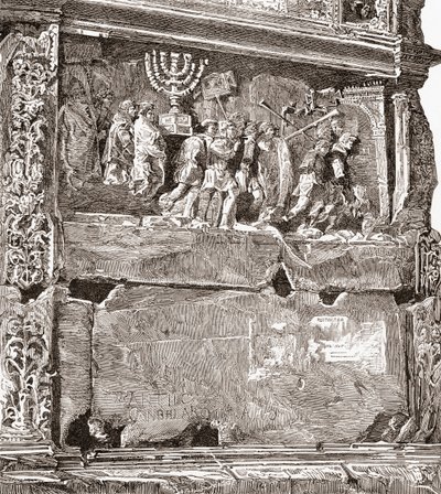 A déli tábla "A háború zsákmánya" című, a diadalmenetet ábrázoló domborműve a Titus boltozatán, Via Sacra, Forum Romanum, Róma, Olaszország. A Rev. Samuel Manning által 1890 körül kiadott Italian Pictures című kötetből. alkotó: Reverend Samuel Manning