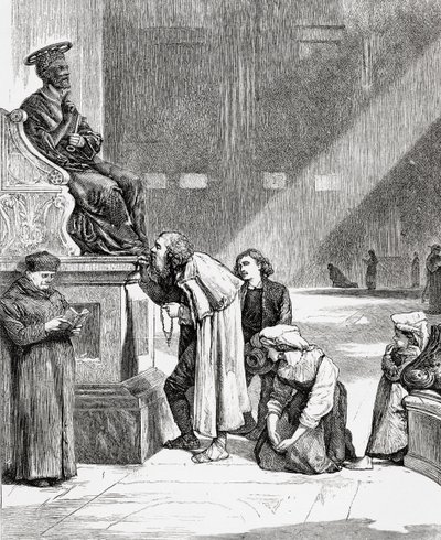 Emberek csókolják Szent Péter szobrának lábát a Szent Péter-bazilikában, Vatikánvárosban, Rómában, a 19. század végén. Samuel Manning tiszteletes 1890 körül kiadott Italian Pictures című művéből. alkotó: Reverend Samuel Manning
