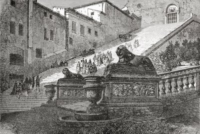 A Mennyei Oltáriszentség Mária-bazilikába vezető lépcsőház, Róma, Olaszország, 19. század vége. A Rev. Samuel Manning által 1890 körül kiadott Italian Pictures című műből. alkotó: Reverend Samuel Manning