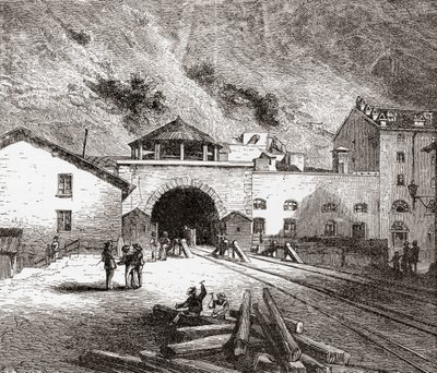 A Fréjus vasúti alagút, más néven Mont Cenis alagút, Európai Alpok, az olasz oldalról a 19. század végén. Samuel Manning tiszteletes 1890 körül kiadott Italian Pictures című művéből. alkotó: Reverend Samuel Manning