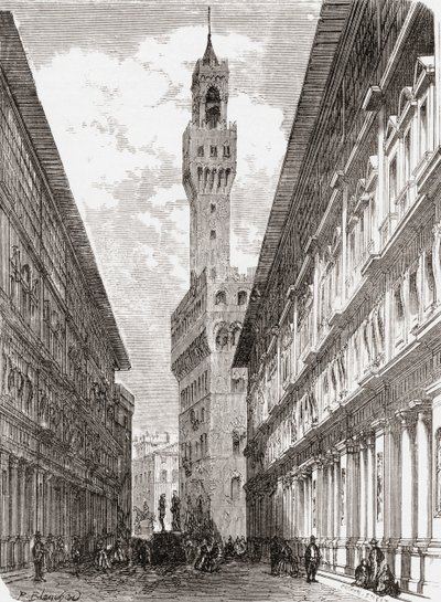Az Uffizi, a Palazzo Vecchio és szobrok a Piazza della Signoria téren, Firenze, Olaszország, 19. század vége. A Rev. Samuel Manning által 1890 körül kiadott Italian Pictures című kötetből. alkotó: Reverend Samuel Manning