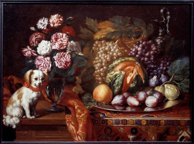 Csendélet törpe spániellel. Renaud Levieux festménye: Reynaud Le Vieux (1625-1690 körül) alkotó: Reynaud Levieux