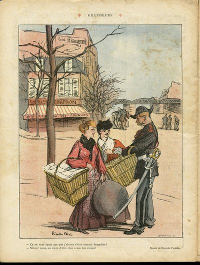 Illusztráció: Ricardo Flores (1878-1918), Le Rire, 2008.02.29 - Grandeur - Párizs, Szakmák, Építészet Urbanizmus, Szerelem, Üzletek, Metró - Mosónői mosodák alkotó: Ricardo Flores