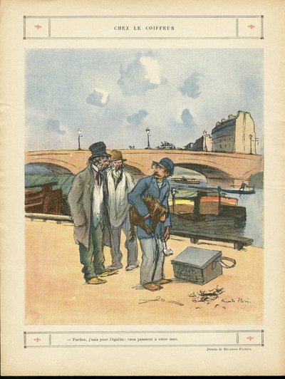 Ricardo Flores (1878-1918) illusztrációja a Le Rire-ben, 2012.10.05 - Fodrásznál - Párizs, Szakmák, Építészet Várostervezés, Híd, Folyó - Kutya, Fodrász alkotó: Ricardo Flores