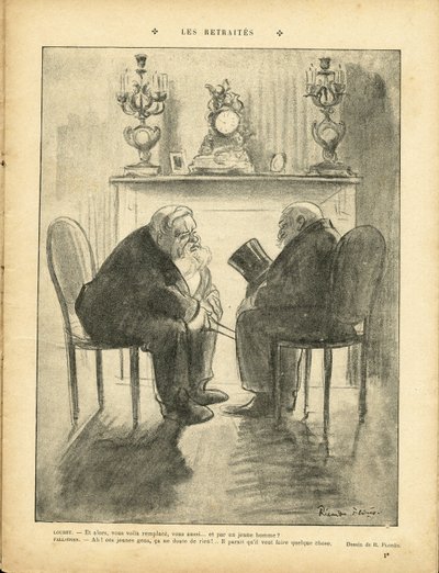 Ricardo Flores (1878-1918) illusztrációja a Le Rire-ben, 22.02.13 - Nyugdíjak - Köztársasági elnök - Fallieres Armand (1841-1931), Loubet Emile alkotó: Ricardo Flores