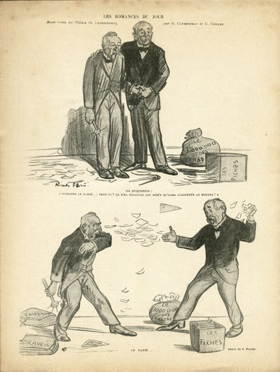 Ricardo Flores (1878-1918) illusztrációja a Le Rire-ben, 12.12.28 - A nap romantikája - Panama esete, Rekordok esete, elnyomás - Chartreux milliói - Combes Emile (1835-1921), Clemenceau George alkotó: Ricardo Flores